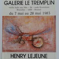 Affiche pour l'exposition Henry Lejeune : expose ses petits formats à l'encre de chine sur papier , à la Galerie Le Tremplin (Bruxelles) , du 7 au 28 mai 1983.